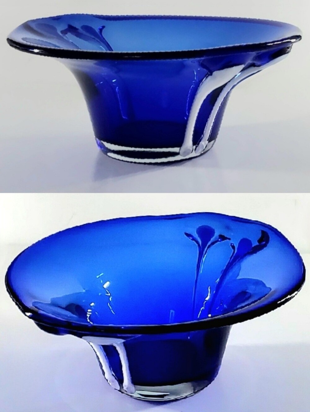 10 1/4" Bright Cobalt Blue White Cased Art Glass Free-form Bowl - Picture 6 of 16